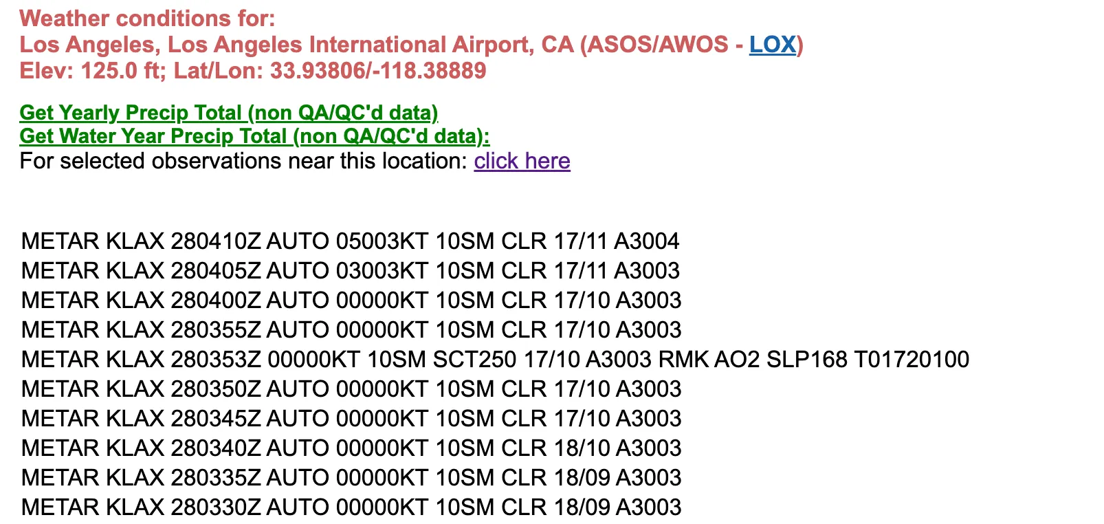 Sample NWS METAR report highlighting reported temperature