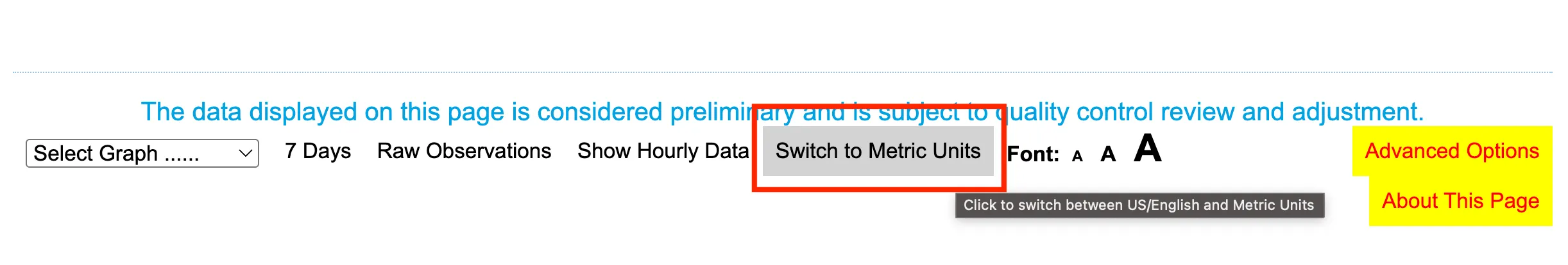 NWS interface screenshot showing metric and imperial temperature display
